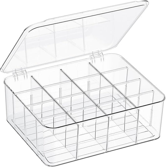 Sock Underwear Organizer, 16 Compartment Adjustable Dividers Tie Socks Underwear Drawer Organizers for Closet, Clear Plastic Storage Containers Box with Lids for Ties Scarf Socks Bras