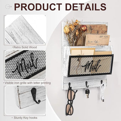Yalikop Farmhouse Mail Organizer Wall Mounted Rustic Mail Holder Hanging Key Sorter with 3 Hooks Indoor Wooden Wall Mounted, Letter, Magazines, Newspapers, Keys(Classics,White Gray)