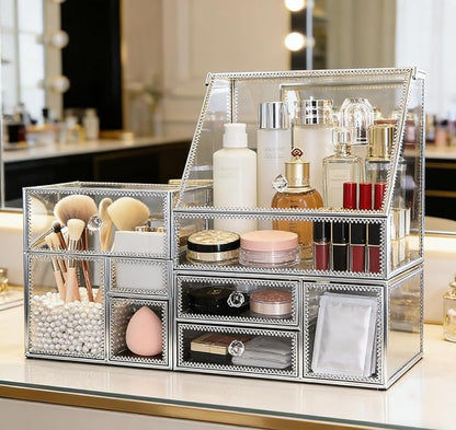Hersoo Glass Makeup Organizer for Vanity/Stackable 2Pieces Drawer Set/Antique Countertop Vanity Cosmetic Storage Box Mirror Glass Beauty Display, Holder for Brushes Lipsticks Skincare Toner (Silver)