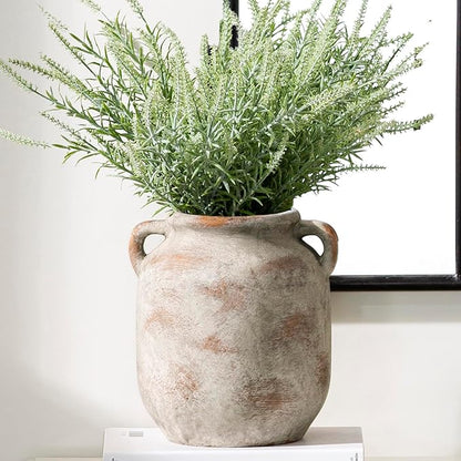 Ceramic Flower Vase Home Decor - Farmhouse Rustic Table Vases with Handle Living Room Decoration Decorative Vintage Pottery for Kitchen Shelf Coffee Dining Bookshelf Fireplace Centerpiece (7.6" Retro)