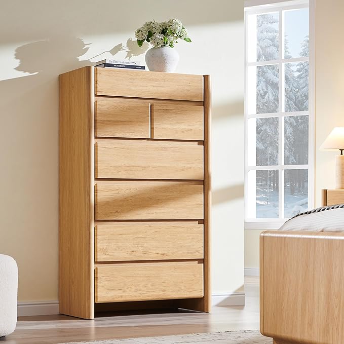 Modern 7 Drawers Dresser for Bedroom, 54.7" Tall Large Dresser & Chests of Drawers w/Rounded Corner, Wood Handleless Organizer Dresser w/Natural Texture for Bedroom, Living Room-Natural