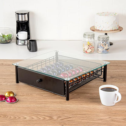 Restaurantware Restpresso 15.6 x 14.1 x 4.2 Inch Coffee Capsule Drawer 1 Heavy-Duty Pod Drawer - Holds 40 Nespresso Vertuo Capsules Glass Top Iron Espresso Pod Organizer Pods Not Included
