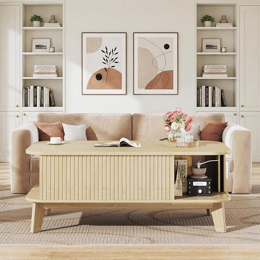 HUAHUU Coffee Table with Storage, 37.4" Lift Top Table for Living Room, Mid Century Modern Coffee Table with Sliding Fluted Doors for Small Space, Light Oak