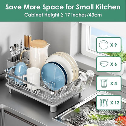 MOUKABAL Dish Drying Rack, Dish Rack, Stainless Steel Dish Racks for Kitchen Counter, Dish Drainer with Removable Utensil Holder, Drainboard (Grey,Stainless Steel,13''W x 17''L)