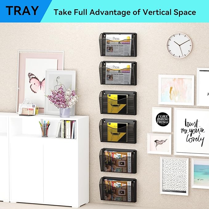 Single Pocket Wall File Holder, Mesh Hanging File Folder Paper Organizer, Vertical Wall Mounted Mail Basket, Storage Organization Magazine Rack for Office, Home and School, Black