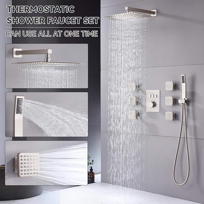 Thermostatic Rain Shower System, 12 Inch Wall Mounted Shower Faucet Set with 6 Body Spray Jets and Valve, Can Control Water Flow and Run All Together, Brushed Nickel