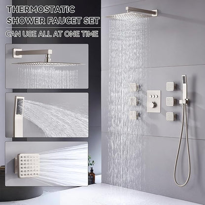 Thermostatic Rain Shower System, 12 Inch Wall Mounted Shower Faucet Set with 6 Body Spray Jets and Valve, Can Control Water Flow and Run All Together, Brushed Nickel
