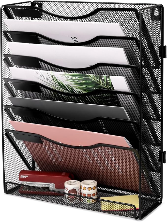 EasyPAG Wall File Holder Organizer 7 Tier Mesh Hanging Wall Mounted Document Paper Folder Filing Magazine Rack with Nametag Label for Office Home School, Black
