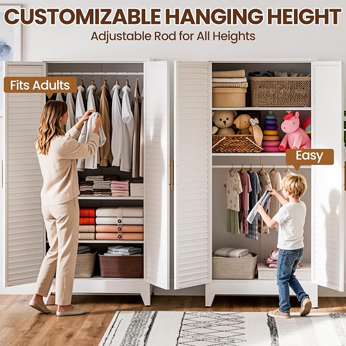 Metal Armoire Wardrobe Closet, 71" Clothing Storage Cabinets with Adjustable Hanging Rod, Louvered Doors, 2 Side Hooks & 2 Adjustable Shelves - Closet Cabinet for Bedroom, Laundry Room, Cloak Room