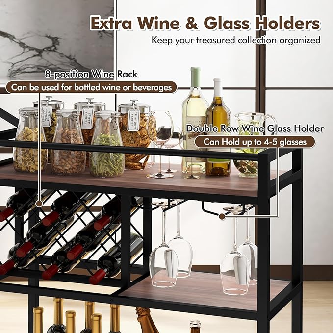 Giantex Bar Cart, 3 Tier Serving Cart for Home, 8 Wine Bottles Rack, Glass Holder, Industrial Mobile Kitchen Cart with Lockable Wheels and Handle, Storage Shelves for Drink Beverage