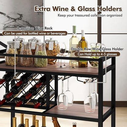 Giantex Bar Cart, 3 Tier Serving Cart for Home, 8 Wine Bottles Rack, Glass Holder, Industrial Mobile Kitchen Cart with Lockable Wheels and Handle, Storage Shelves for Drink Beverage