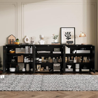 Rophefx Fluted Sideboard Cabinet, 94.5" Buffet Cabinet with Storage, Credenza Storage Cabinets with Adjustable Shelf, Wood Entryway Cabinets with Pop-up Door for Living Room, Entryway, Black Grey
