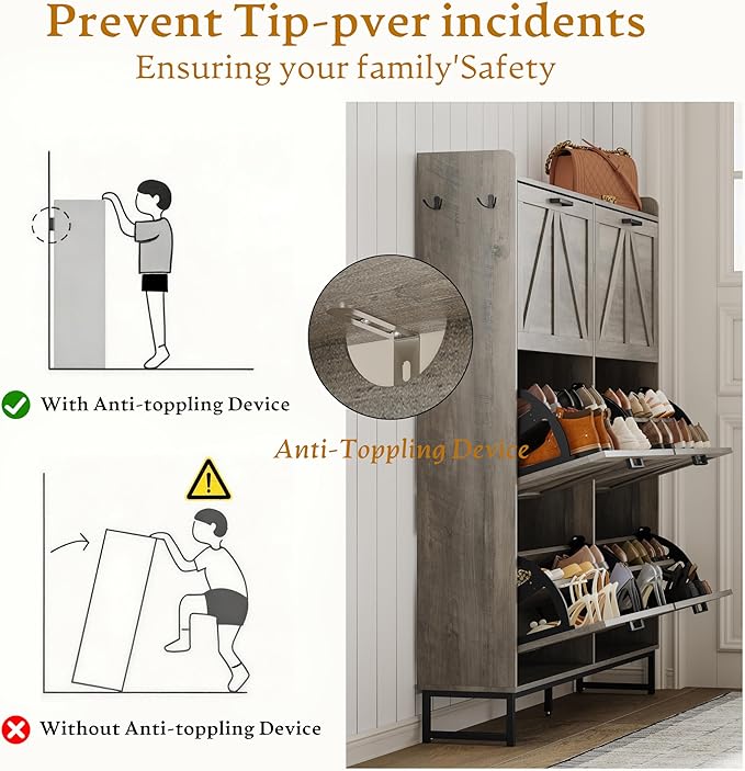 Shoe Cabinet Storage for Entryway, Shoe Storage Cabinet with 6 Flip Drawers, Freestanding Narrow Shoe Rack Organizer with Metal Legs for Foyer, Hallway, Grey