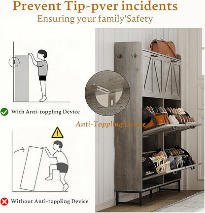 Shoe Cabinet Storage for Entryway, Shoe Storage Cabinet with 6 Flip Drawers, Freestanding Narrow Shoe Rack Organizer with Metal Legs for Foyer, Hallway, Grey