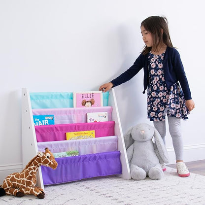 Humble Crew 4-Tier Kids Bookshelf, White/Pink/Purple/Blue - Premium Book Shelf for Kids Rooms with Four Deep Pockets - Toddler Sling Book Rack with Deep Sleeves, Nursery Bookcase Organizer
