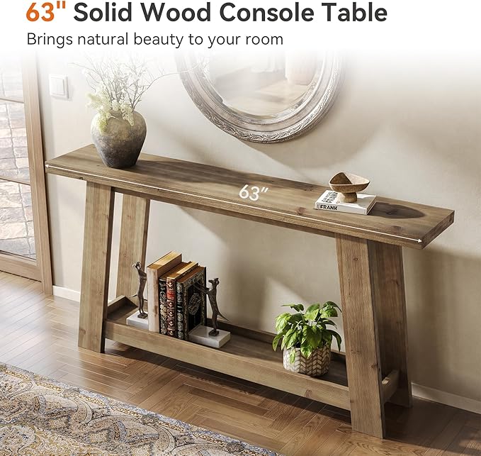 63-Inch Solid Wood Console Table, Farmhouse Entryway Table with 2-Tier Shelf, Narrow Sofa Table Behind Couch for Living Room, Hallway, Foyer