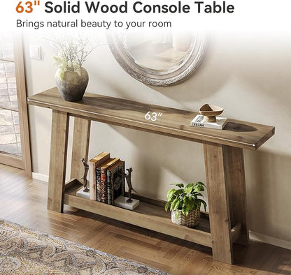 63-Inch Solid Wood Console Table, Farmhouse Entryway Table with 2-Tier Shelf, Narrow Sofa Table Behind Couch for Living Room, Hallway, Foyer
