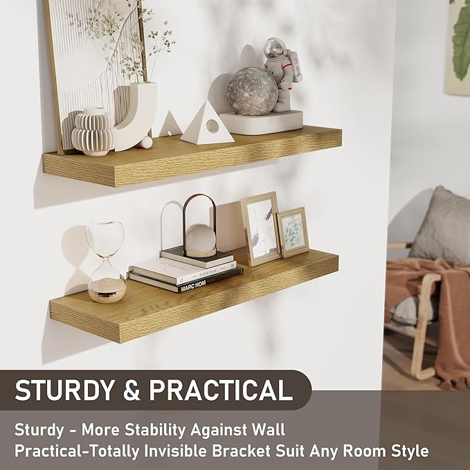 Fun Memories Floating Shelves - 2 Pack 30 Inch Long Rustic Wooden Wall Shelves - 8 Inch Deep Wall Mounted Storage Shelf with Invisible Heavy-Duty Brackets for Books, Bathroom, Kitchen - Oak