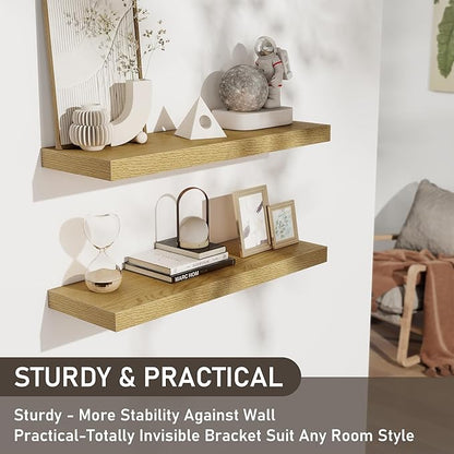 Fun Memories Floating Shelves - 2 Pack 30 Inch Long Rustic Wooden Wall Shelves - 8 Inch Deep Wall Mounted Storage Shelf with Invisible Heavy-Duty Brackets for Books, Bathroom, Kitchen - Oak
