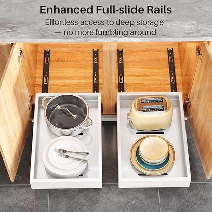 4 Pack Pull out Cabinet Organizer, 21"Deep, Heavy Duty Full-extension Slide out Drawers for Kitchen Cabinet, Roll out Shelf Storage with Nano Adhesive for Pots, Bathroom, Pantry, Home, White