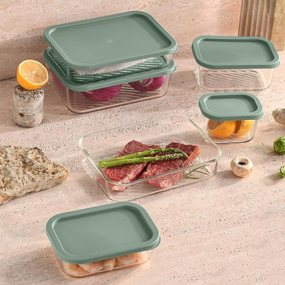 EATEX 7 Pack Glass Meal Prep Containers with Grooved Base, 7 Stackable BPA Free Glass Storage Containers with Lids for Lunch, Pantry, and Kitchen - Microwave, Dishwasher Freezer & Oven Safe - Sage