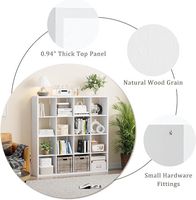 Cube Storage Organizer Bookcase, Decorative 11 inch Open Back Cubical Shelf with Thickened Border, Display Bookshelf for Living Room, Home Office, Sturdy Room (White, 16 Cube)