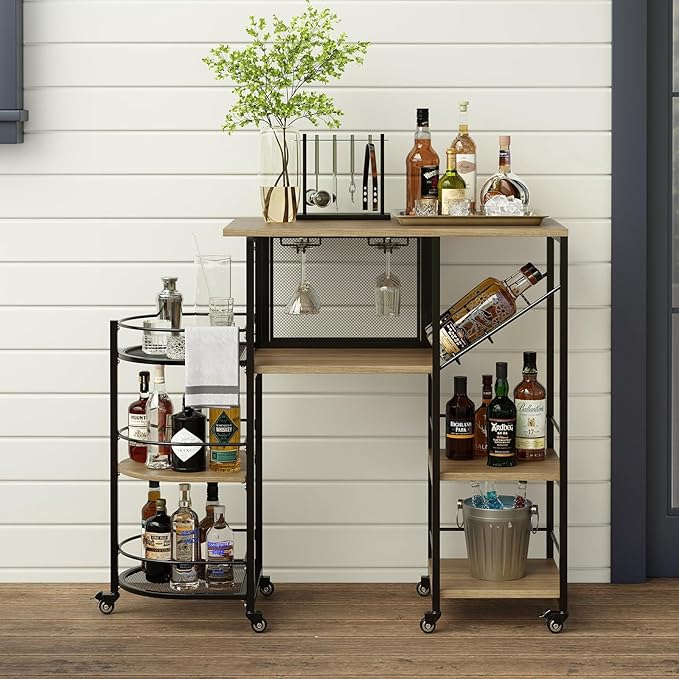Bar Cart, Home Bar Service Cart with Wine Rack and Glass Holder, Kitchen Cart with Rolling Wheels, Metal Bar Rack with 7 Tiers Storage for Home, Kitchen, Living Room, Dining Room (Wood)