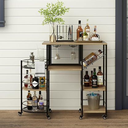 Bar Cart, Home Bar Service Cart with Wine Rack and Glass Holder, Kitchen Cart with Rolling Wheels, Metal Bar Rack with 7 Tiers Storage for Home, Kitchen, Living Room, Dining Room (Wood)