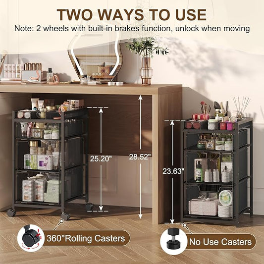 JKsmart Rolling Makeup Cart Organizer with 3 Drawers, Cosmetics Display with Dividers, Floor Skincare Storage with Wheels, Versatile Vanity Organizer for Nail Polish Perfume Brush Hair Tool, Black