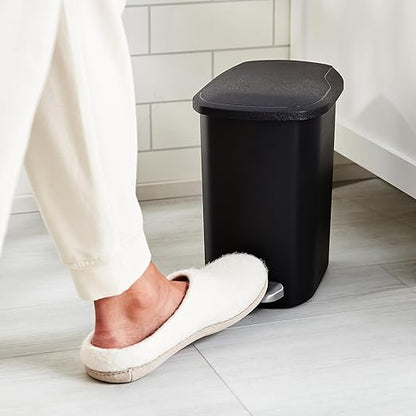 Amazon Basics Compact Plastic Bathroom Trash Can with Soft-Close Lid, Hands-Free Foot Pedal, Removable Inner Bucket, 6 Liters, Black