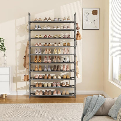 LANTEFUL Tall Shoe Rack 10 Tier Shoe Organizer Large Shoe Shelf with 18 Hooks Storage for 50 Pair Sneaker and Boot, Stackable Vertical Shoe Rack Organizer for Closet, Entryway, Bedroom, Grey