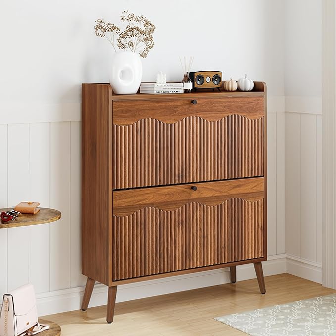 Shoe Storage Cabinet with 2 Flip Doors, 31.5" Narrow Fluted Design for Space Saving, Freestanding Entryway Shoe Organizer for Hallway & Living Room (Walnut)