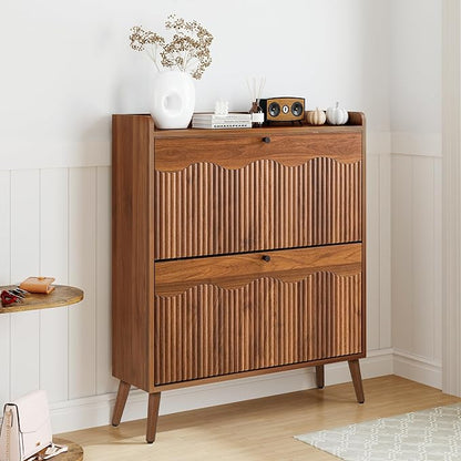 Shoe Storage Cabinet with 2 Flip Doors, 31.5" Narrow Fluted Design for Space Saving, Freestanding Entryway Shoe Organizer for Hallway & Living Room (Walnut)