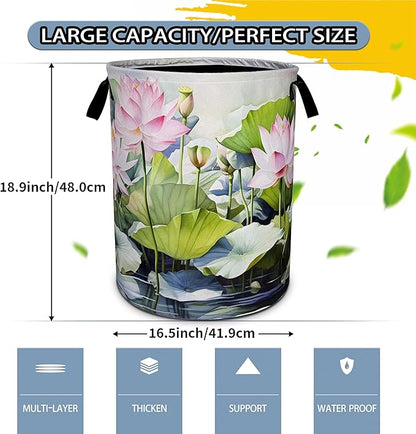 NUTAINLA Lotus Laundry Basket Beautiful Flowers Foldable Oxford Cloth Funny Tote Bag Laundry Hamper Clothes Storage Bucket Toy Organizer For Bathroom/Laundry Storage/Bedroom 18.9x16.5 Inch