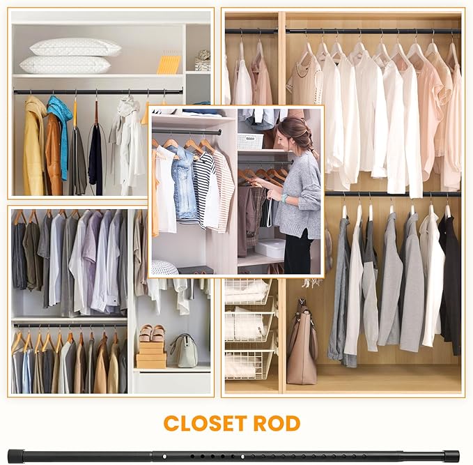 Oval Closet Rod for Hanging Clothes Adjustable Closet Rods 18 to 63 Inch Heavy Duty Black Poles Bar Closet Rod Expandable for Wardrobes Laundry RV