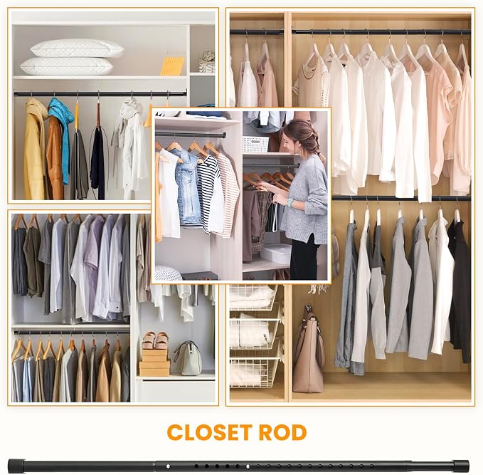 Oval Closet Rod for Hanging Clothes Adjustable Closet Rods 18 to 87 Inch Heavy Duty Black Poles Bar Closet Rod Expandable for Wardrobes Laundry RV