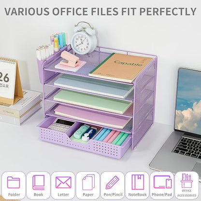 Desk Organizer and Accessories, 5-Tier Paper Letter Tray Organizer with Drawer & 2 Pen Holders for Desktop File Organization, Office Desk Accessories for Supplies Storage (Purple)