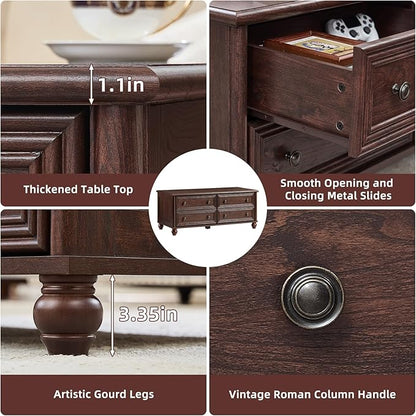 48" Farmhouse Coffee Table with Hidden Storage,Wooden Coffee Tables with 4 Drawers & Roman Column Handle,Rectangular Rustic Center Table with Solid Wood Curved Base for Living Room,Office,Walnut