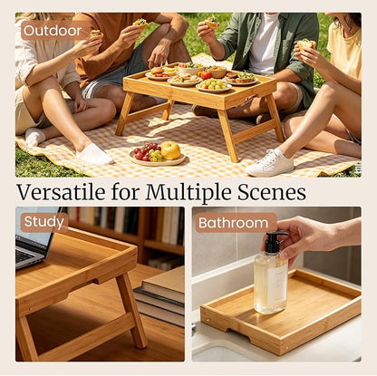 Fibogollo 2 Pack Bamboo Bed Tray Table with Folding Legs,Breakfast Trays,Serving Tray for Food and Snack,Laptop Trays for Working(Natural)