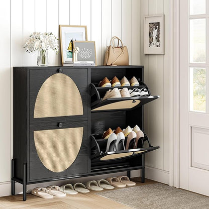 IRONCK Rattan Shoe Cabinet Storage with 4 Flip Drawers, Freestanding Shoe Storage Organizer Cabinet for Entryway, Narrow Shoe Rack Cabinet, Matte Black