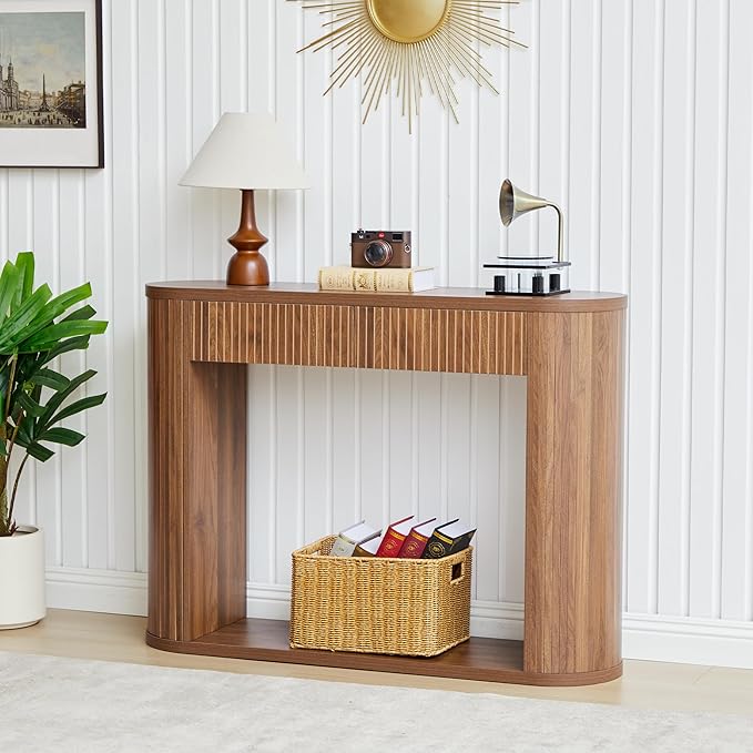42.5” Console Table with 2 Drawers, Fluted Entryway Table with Rounded Corners, Rectangular Sofa Table Behind Couch for Living Room, Hallway, Foyer (Walnut)