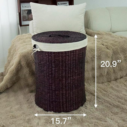 Hand Woven Laundry Basket with Lid,21-Inch Laundry Hamper with Removable Liner for Laundry and Elegant Storage,Dark Coffee