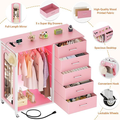 Cyclysio Dresser for Bedroom with Clothes Rack & Mirror, 5 Fabric Drawers Dresser with Charging Station & LED Lights, Rolling Chest of Drawers with Wheels, Full Length Mirror, Wooden Top, Closet