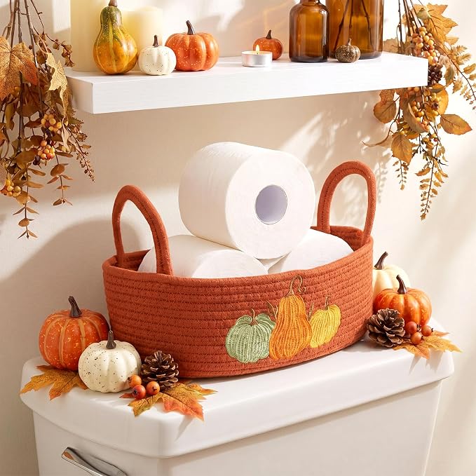 Vesici Pumpkin Toilet Paper Basket Boho Woven Cotton Rope Bathroom Countertop Organizer with Handle Orange Halloween Pumpkin Bathroom Storage Decor for Fall Halloween Bedroom Nursery, 13 x 6 x 4 Inch