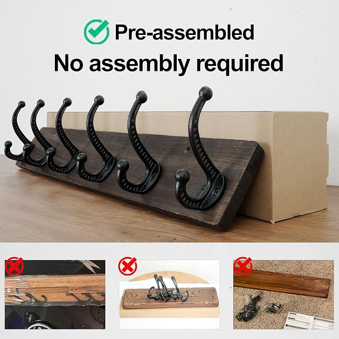 WEBI Rustic Coat Rack Wall Mount,24" Long 6 Cast Iron Coat Hooks Wall Mounted,Heavy Duty Wood Wall Coat Hanger Hooks for Hanging Coats,Jacket,Clothes,Backpack,Farmhouse,Weathered Brown