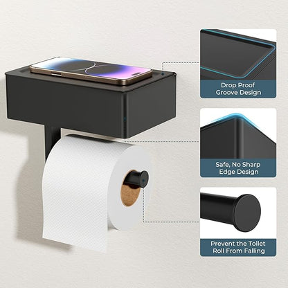 FORIOUS Toilet Paper Holder with Shelf, Sanitary Napkin Receptacle Tampon Holder, Wall Mount Toilet Paper Holder with Storage, Flushable Wipes Dispenser Fits for Bathroom Commercial(1, Matte Black)