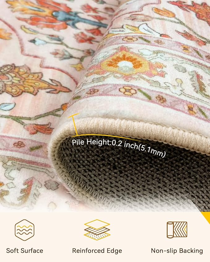 RELEANY Area Rugs Large 10'x14' Washable Non-Slip, Floral Vintage Distress Medallion Carpet for Living Room Bedroom Dining Room, Light Pink Colorful