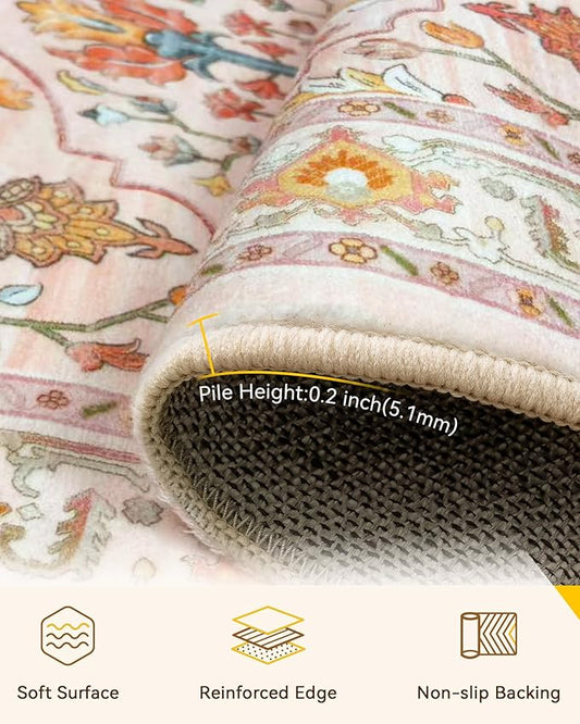 RELEANY Area Rugs Round 7ft Washable Non-Slip, Floral Vintage Distress Medallion Carpet for Living Room Bedroom Dining Room, Light Pink Colorful