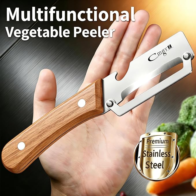 TEEVEA Vegetable Peeler, Stainless Steel Wooden Handle for Potato, Apple | Multifunctional, Ultra Sharp Zero-Snag Blade, Heavy Duty, Bottle Opener, Right-Hand Grip, Premium Fruit Veggie Kitchen Tool