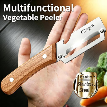 TEEVEA Vegetable Peeler, Stainless Steel Wooden Handle for Potato, Apple | Multifunctional, Ultra Sharp Zero-Snag Blade, Heavy Duty, Bottle Opener, Right-Hand Grip, Premium Fruit Veggie Kitchen Tool
